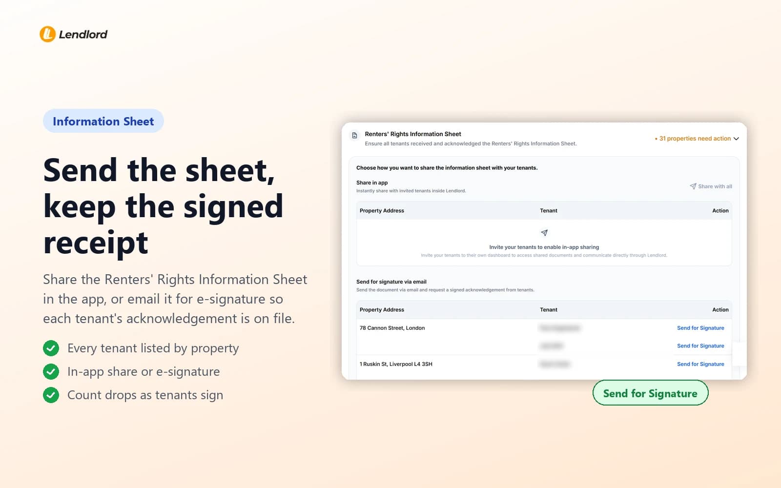Information Sheet card with Share in app and Send for signature via email options, listing each tenant by property address