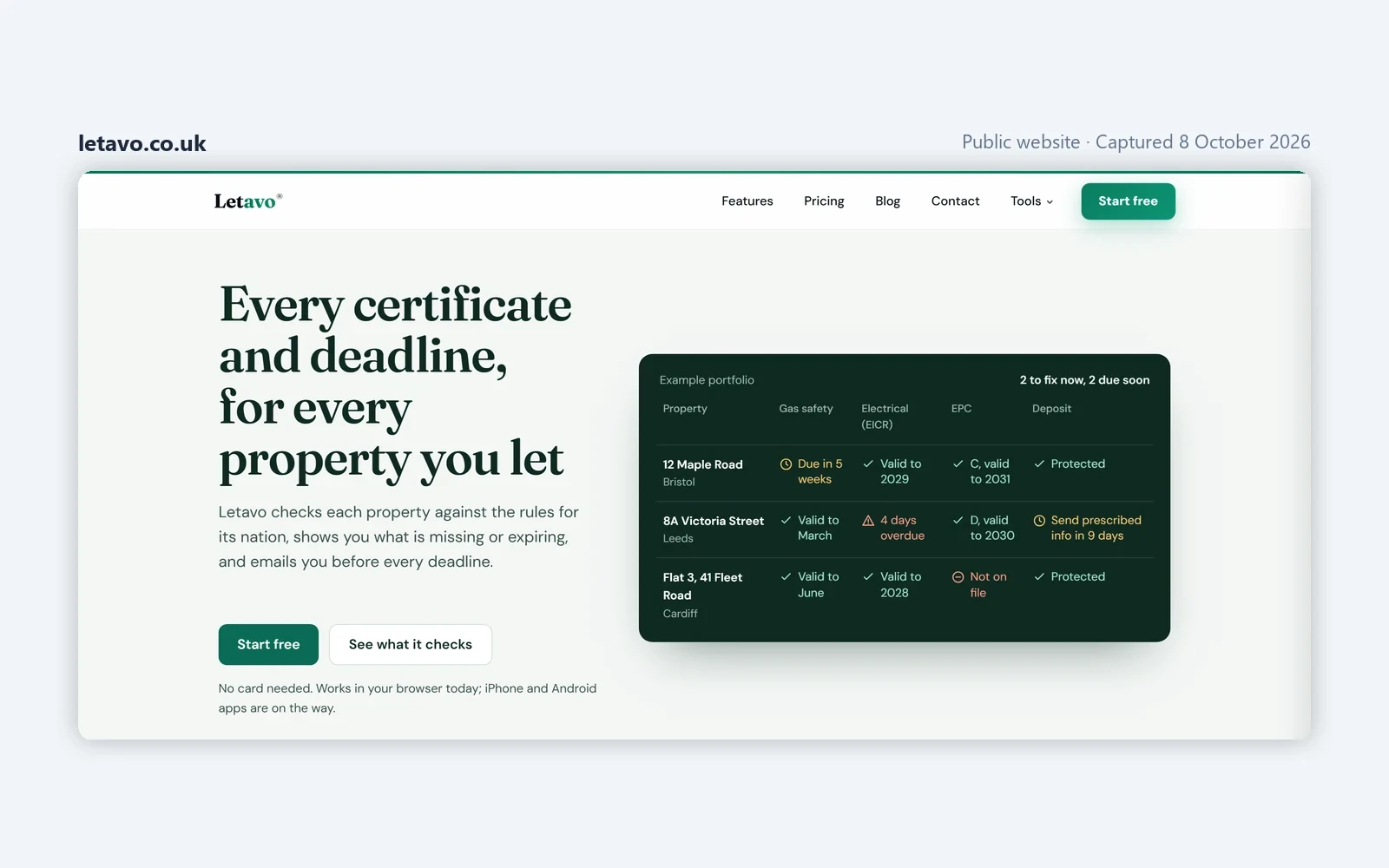 Letavo homepage headed Every certificate and deadline, for every property you let, with an example portfolio table of gas, EICR, EPC and deposit status