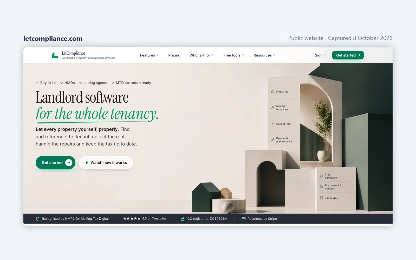 LetCompliance homepage headed Landlord software for the whole tenancy, with feature cards for find and let, manage tenancies, collect rent, repairs, compliance and Tax and MTD, plus a Recognised by HMRC for Making Tax Digital strip