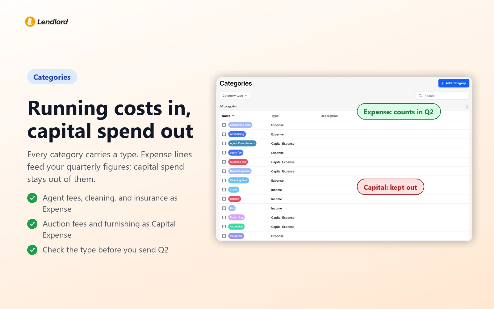 Running costs in, capital spend out: Lendlord Categories list typing agent fee, cleaning and insurance as Expense, and auction fees and furnishing as Capital Expense