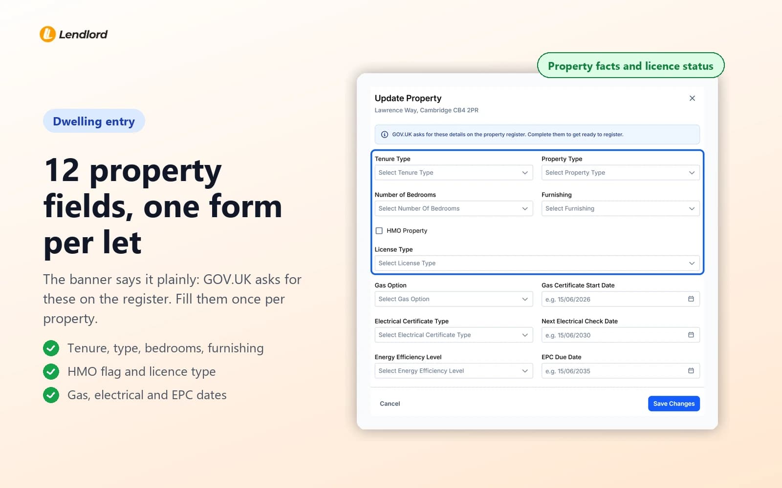 Lendlord Update Property form for a Cambridge let with tenure, property type, bedrooms, furnishing, HMO and licence fields ringed, above gas, electrical and EPC date fields