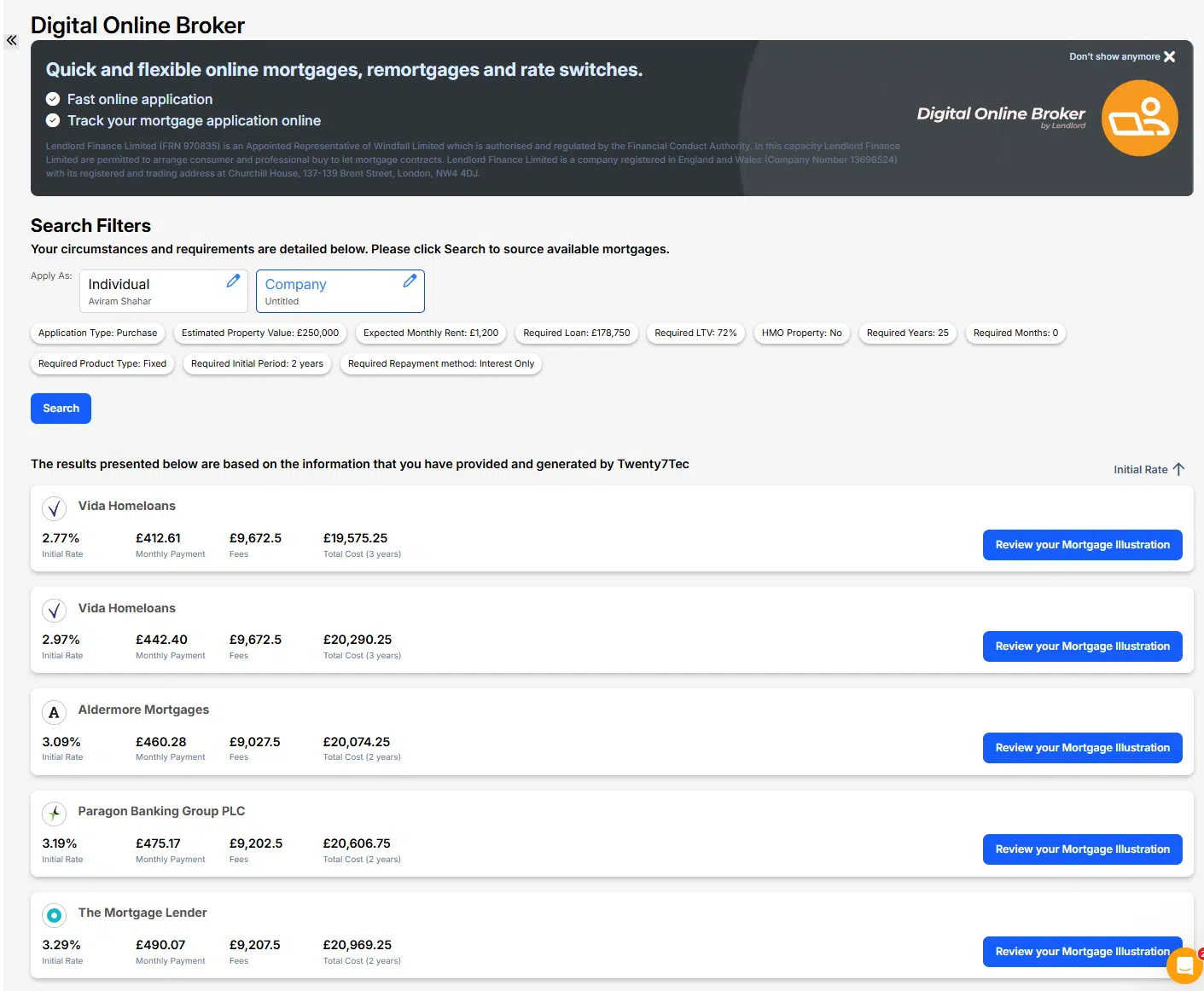 Lendlord online mortgage broker screen listing live buy-to-let products