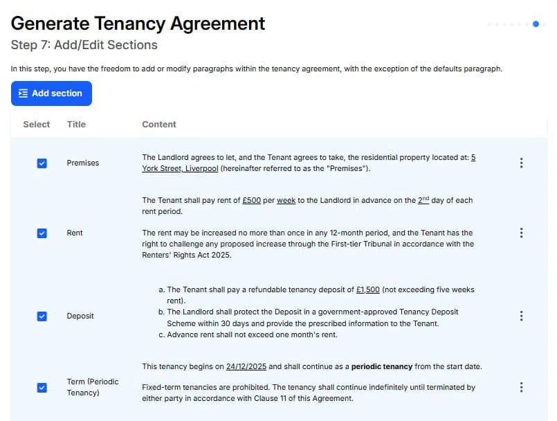 Tenancy agreement editor with individual clause sections open for review and editing