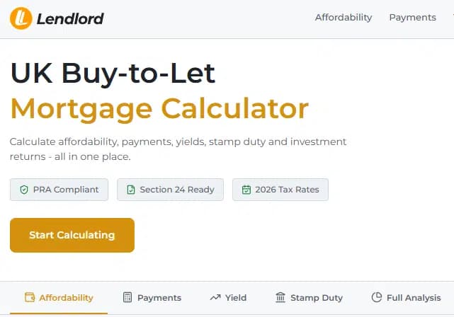 Lendlord UK buy-to-let mortgage calculator showing affordability, payments, yield, stamp duty, and full investment analysis