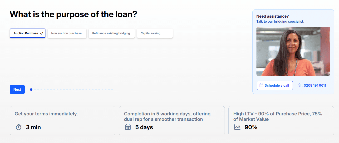 Online bridging loan application form on Lendlord