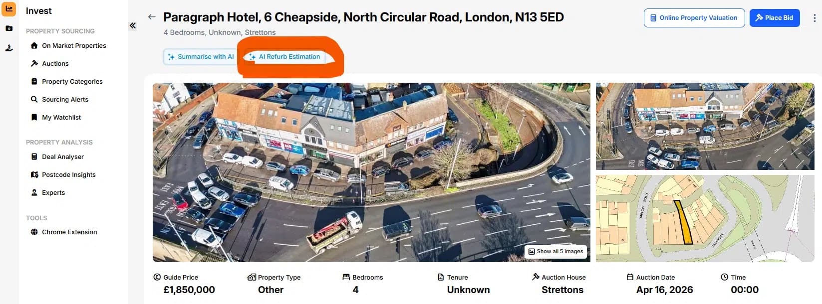 A Lendlord auction listing for Paragraph Hotel, London N13, with the AI Refurb Estimation button highlighted