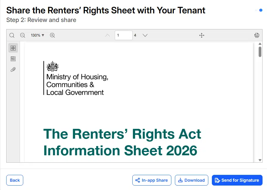 Lendlord screen for downloading and sharing the Renters Rights Act Information Sheet 2026