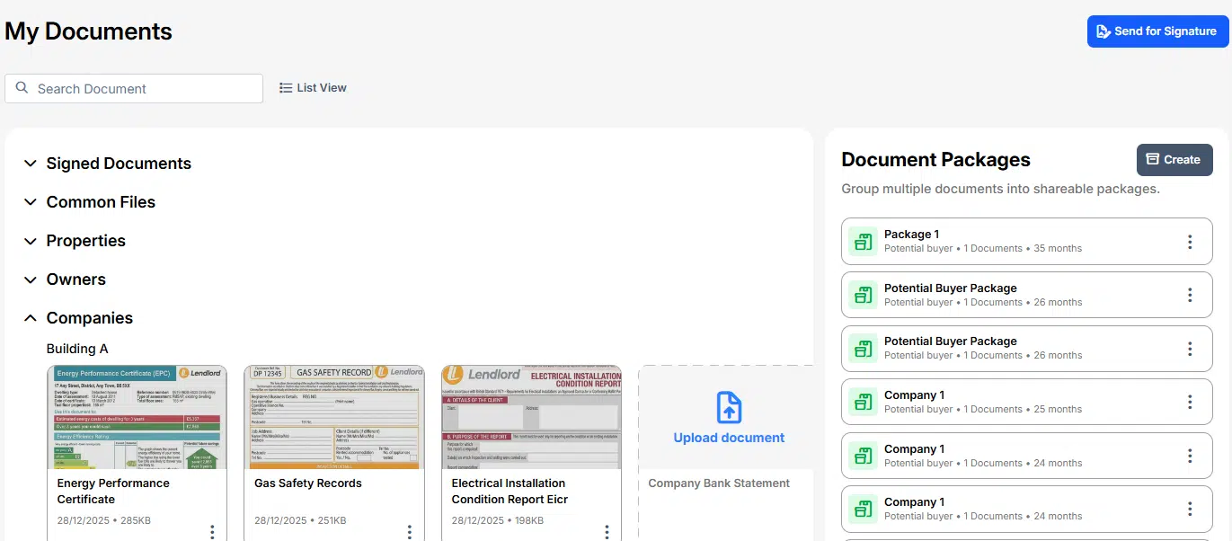 Lendlord My Documents showing tenancy agreements, EPC, gas safety, and EICR records