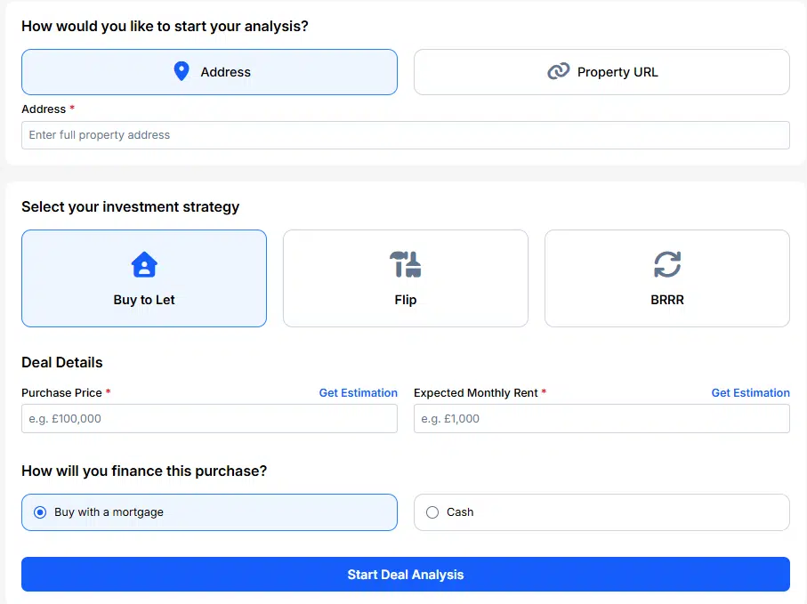 Buy to let calculator and Lendlord deal analyser combined view