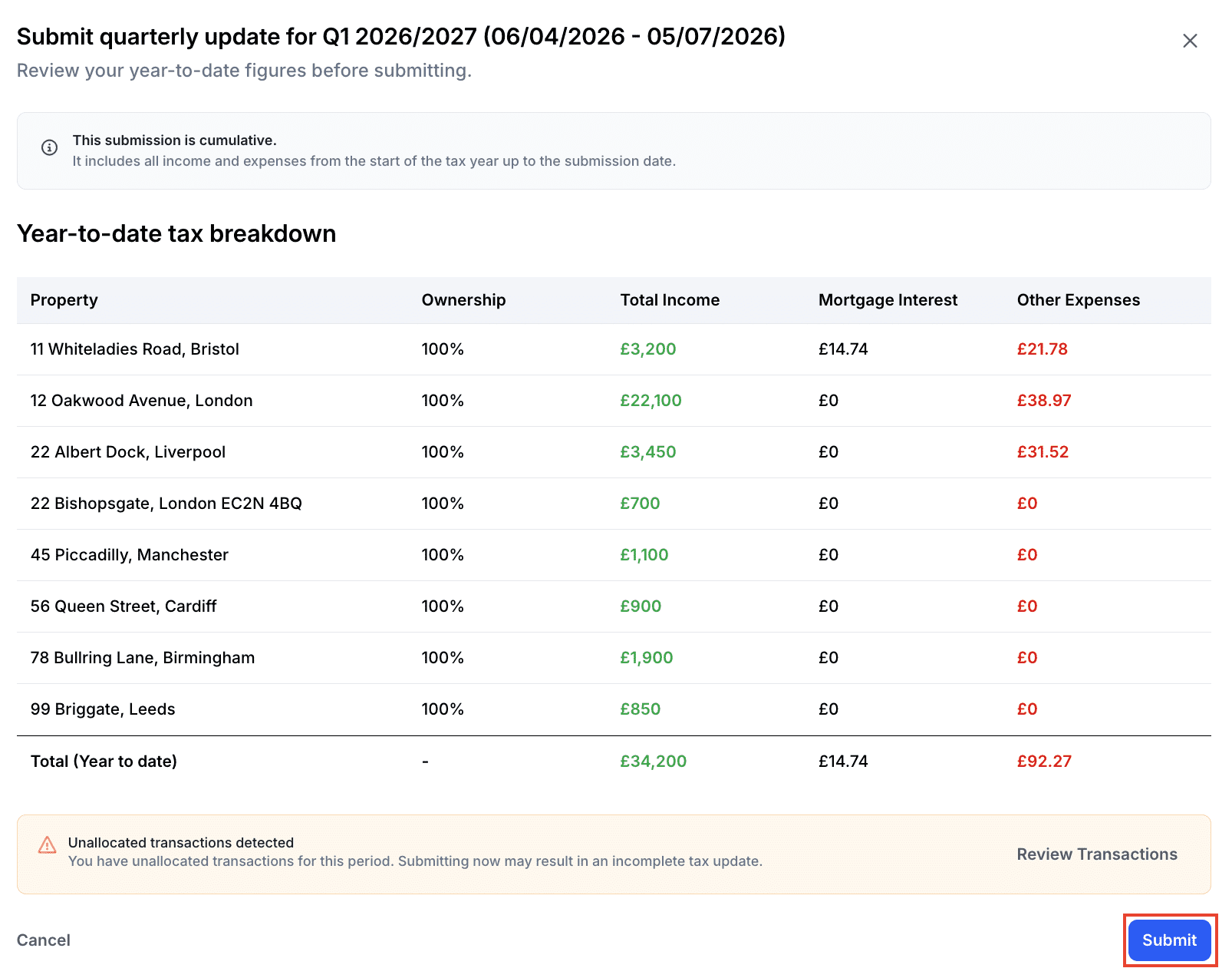Review Q1 income and expense totals in Lendlord MTD Hub before Submit