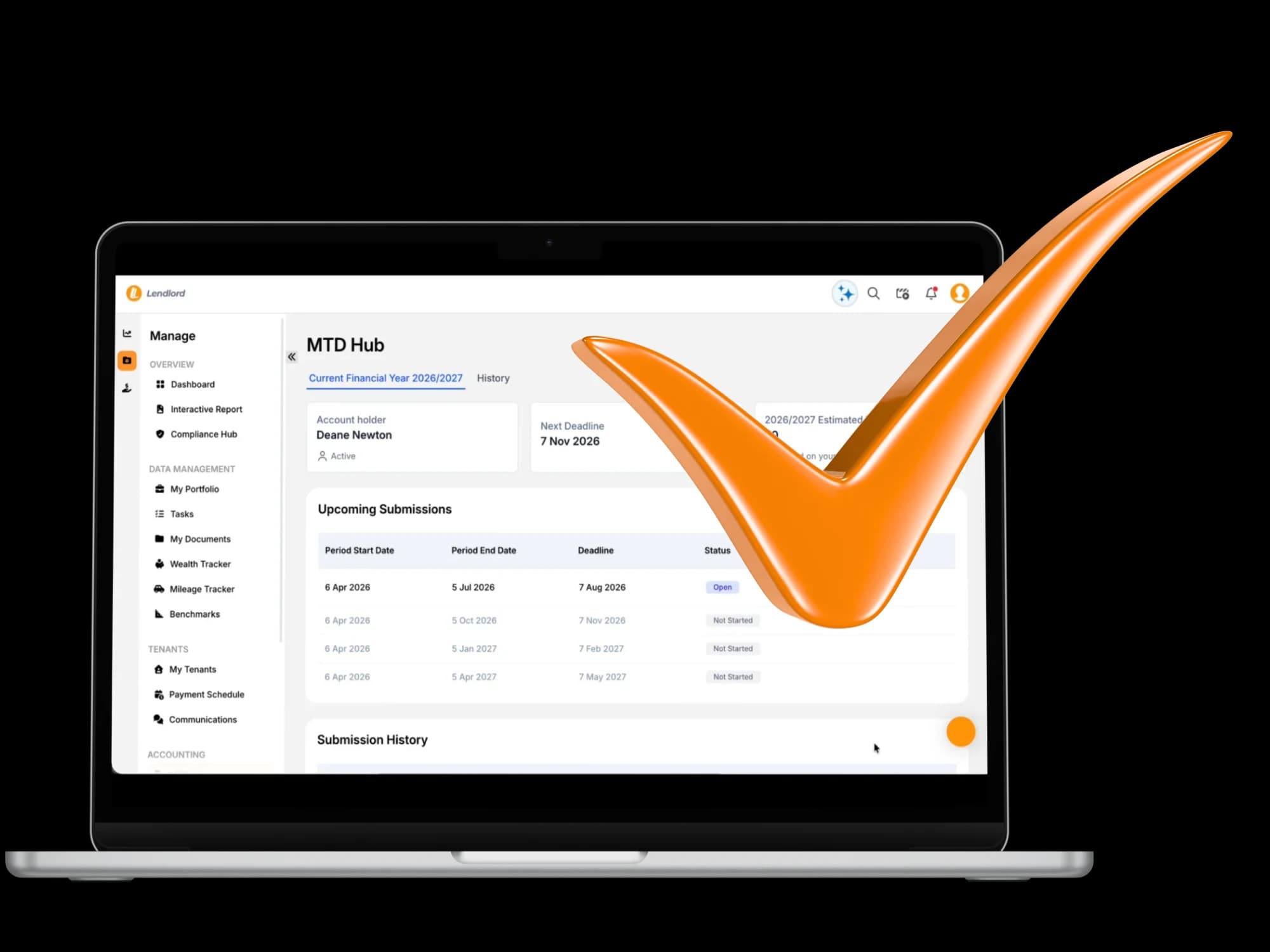Lendlord MTD software tracking upcoming quarterly submissions and HMRC deadlines for a landlord portfolio