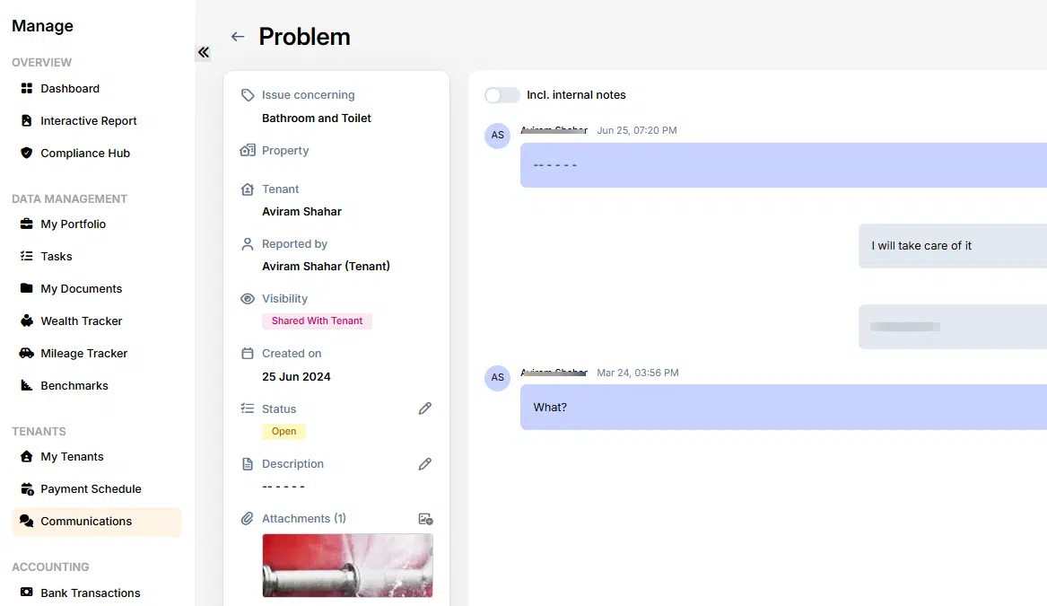 Lendlord landlord and tenant communication platform showing message history