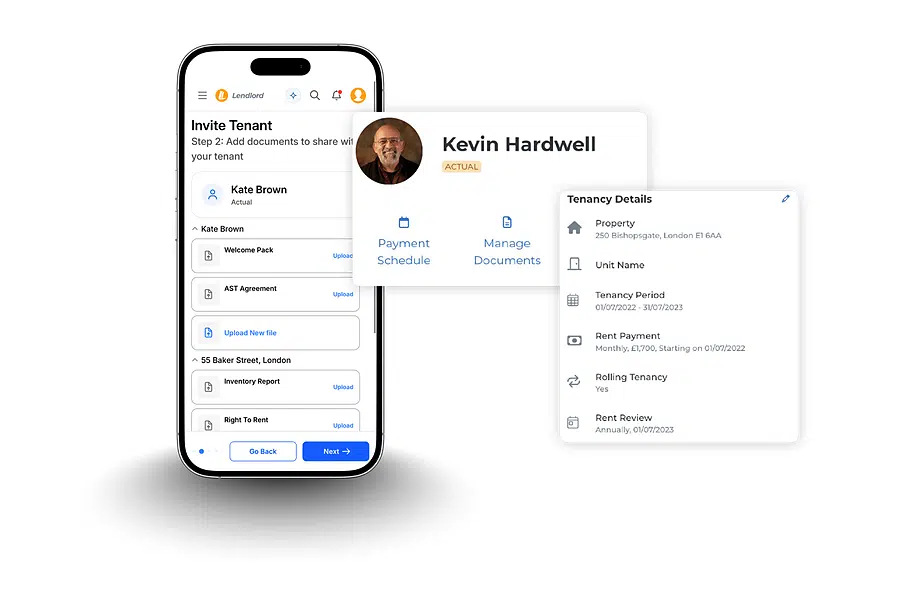 Lendlord tenancy management view for inviting tenants and sharing documents