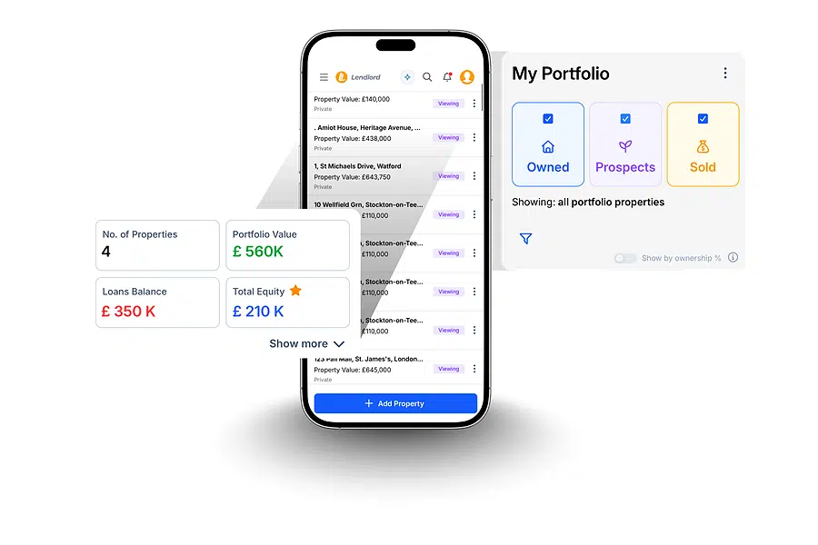 Lendlord portfolio overview showing every property, mortgage and rent in one dashboard