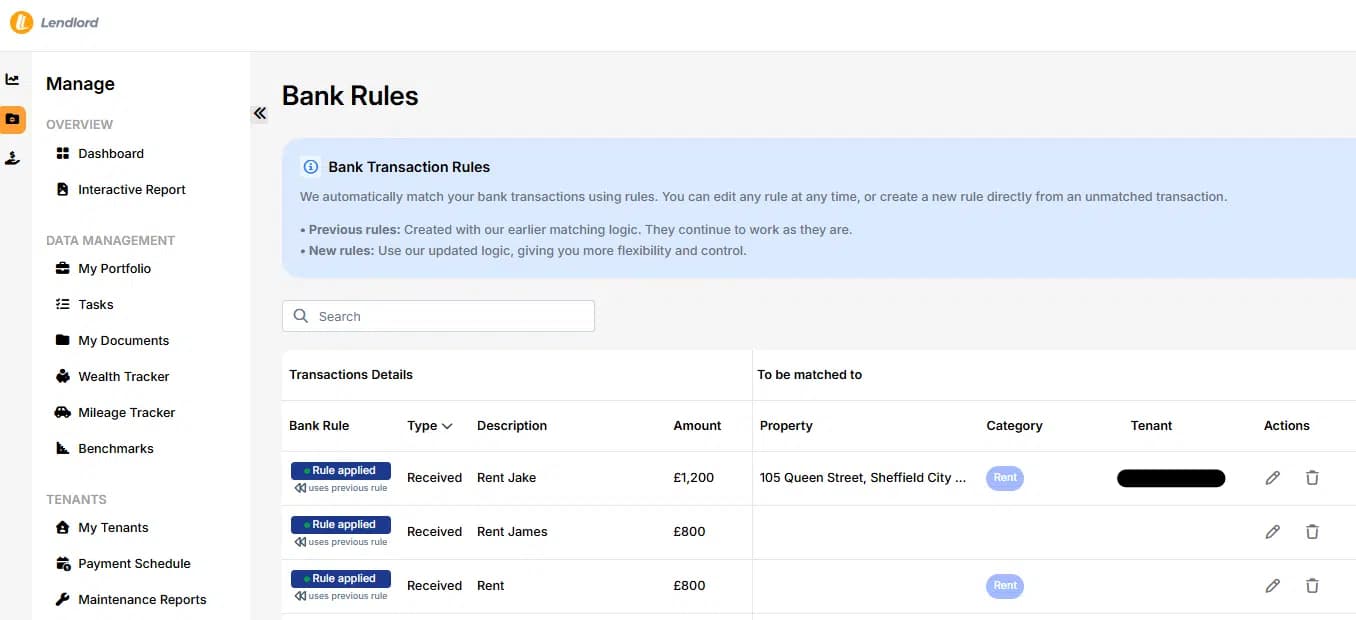 Bank transaction rules set up for Making Tax Digital on Lendlord