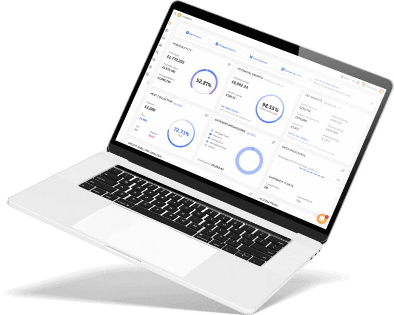 Lendlord desktop dashboard showing portfolio management and cash flow reports
