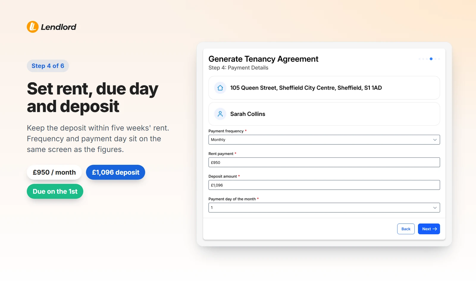 Payment details screen with £950 monthly rent, rent due on day 1 and a £1,096 deposit